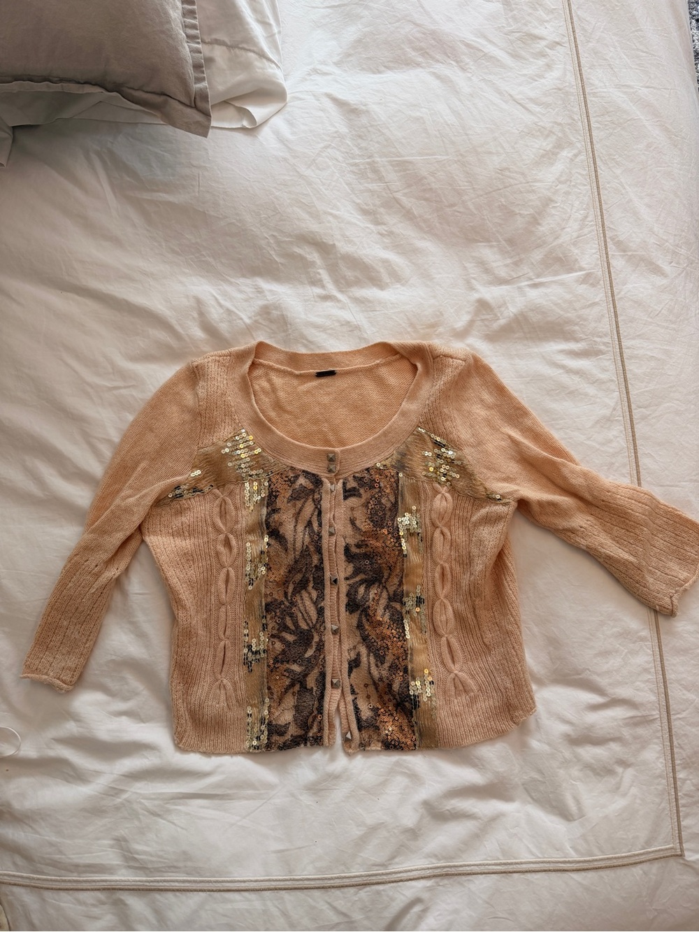 Free People Peach Sequin Cable Knit Cardigan